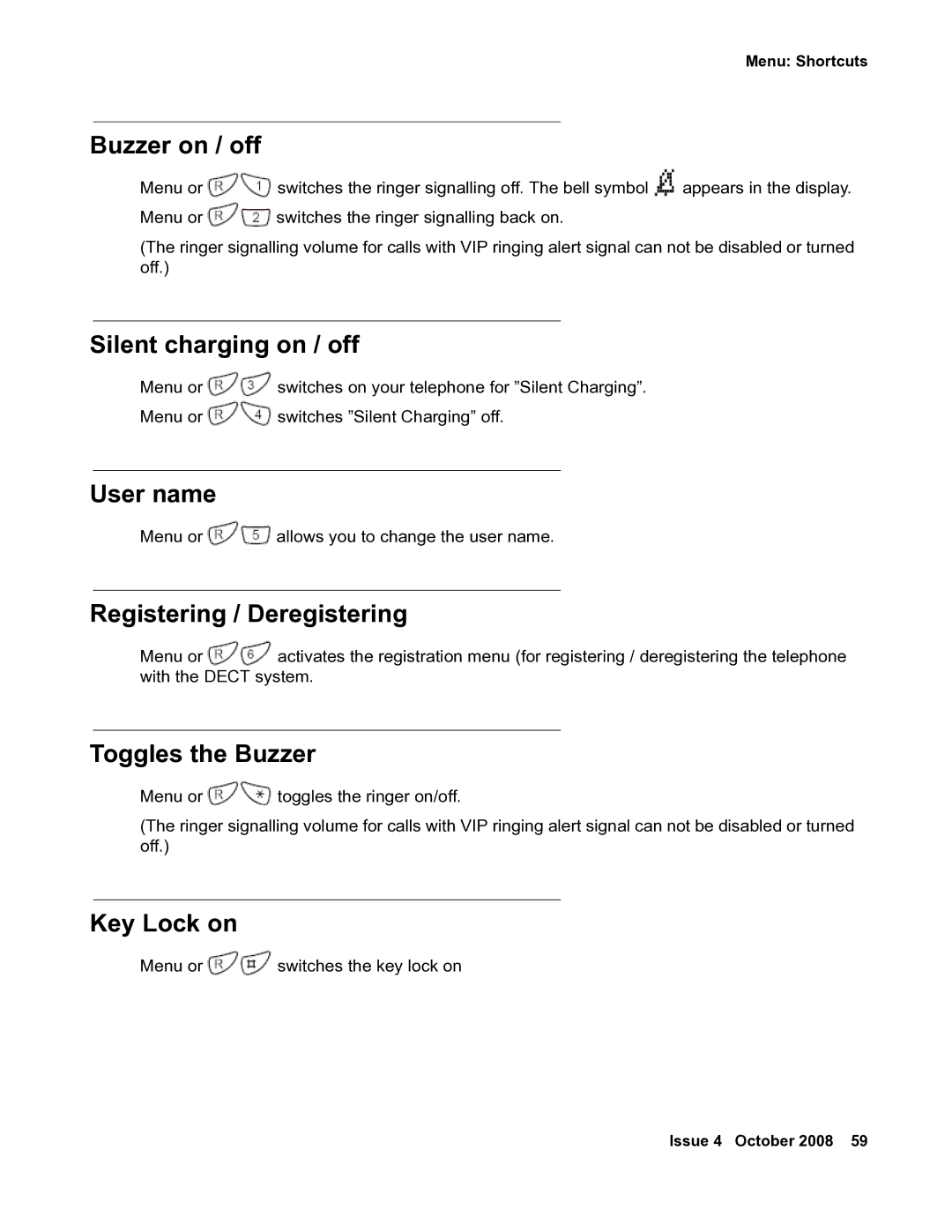 Avaya 3711 manual Buzzer on / off, Silent charging on / off, Registering / Deregistering, Toggles the Buzzer, Key Lock on 