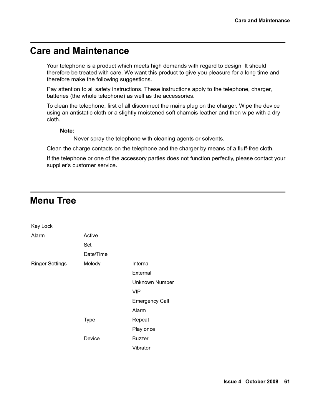 Avaya 3711 manual Care and Maintenance, Menu Tree 