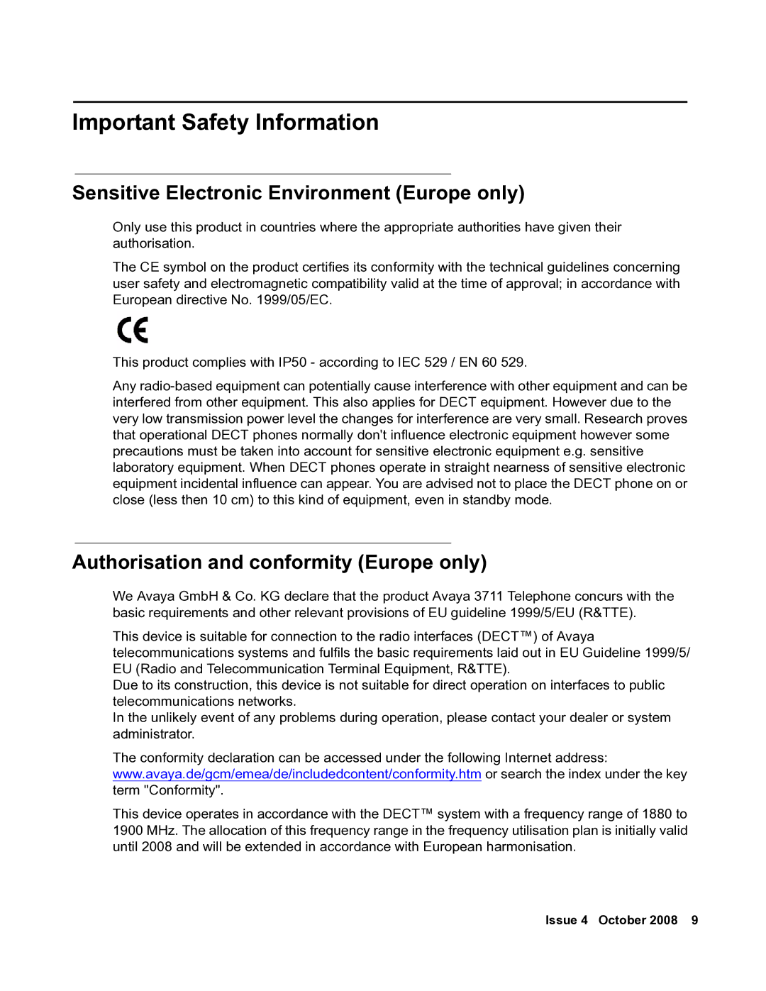 Avaya 3711 manual Important Safety Information, Sensitive Electronic Environment Europe only 