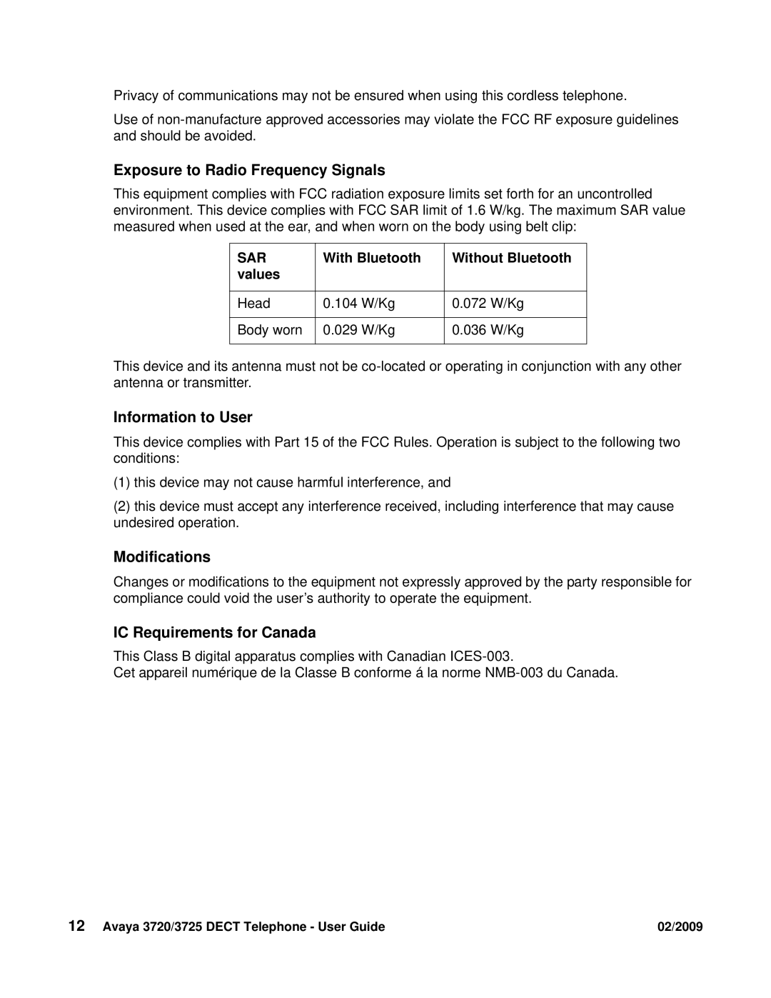 Avaya 3720 manual Exposure to Radio Frequency Signals, Information to User, Modifications, IC Requirements for Canada 