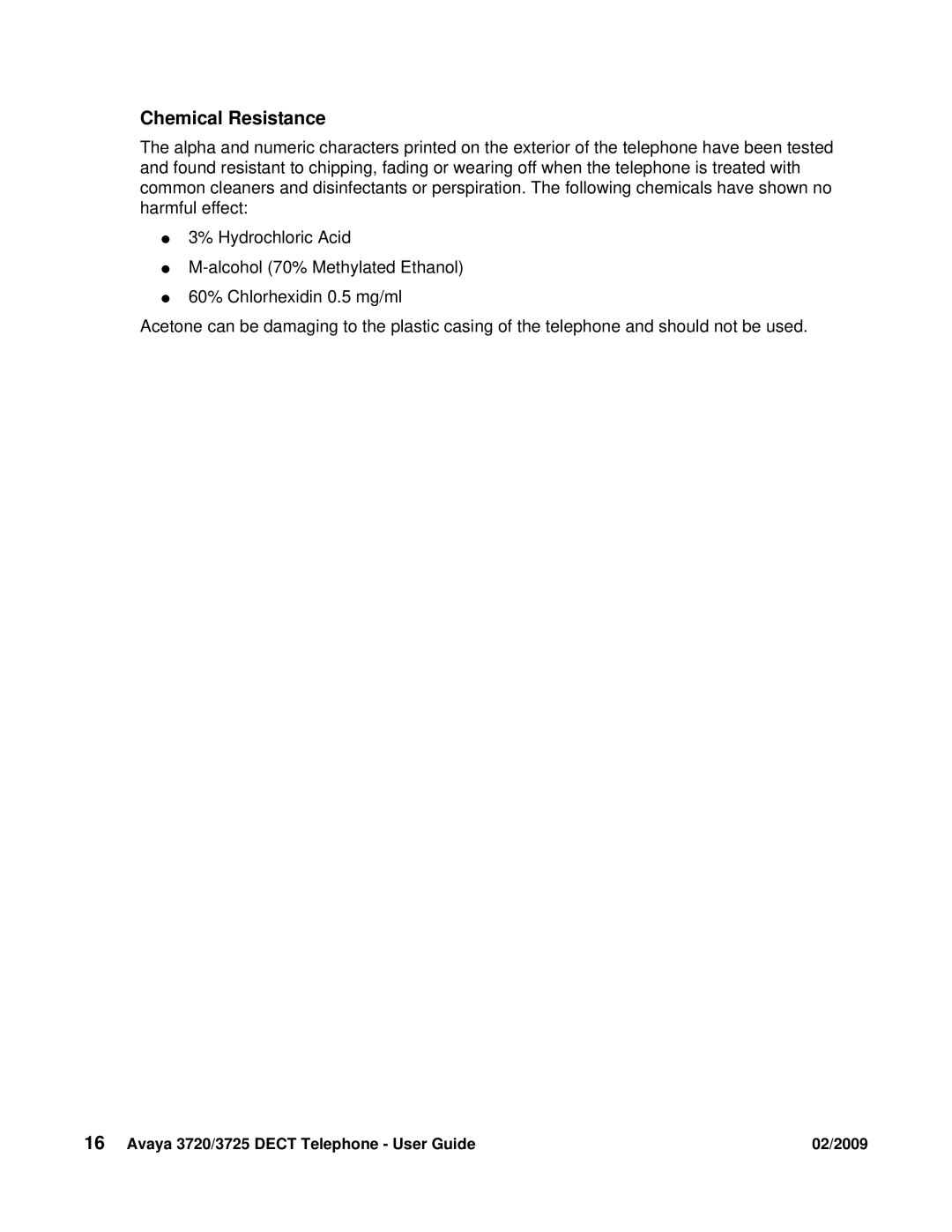 Avaya 3720 manual Chemical Resistance 