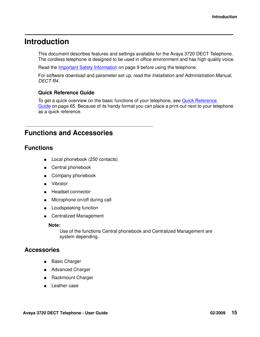 Avaya 3720 manual Introduction, Functions and Accessories, Quick Reference Guide 