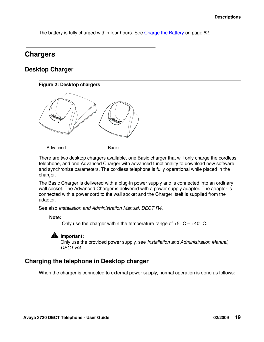 Avaya 3720 manual Chargers, Desktop Charger, Charging the telephone in Desktop charger 