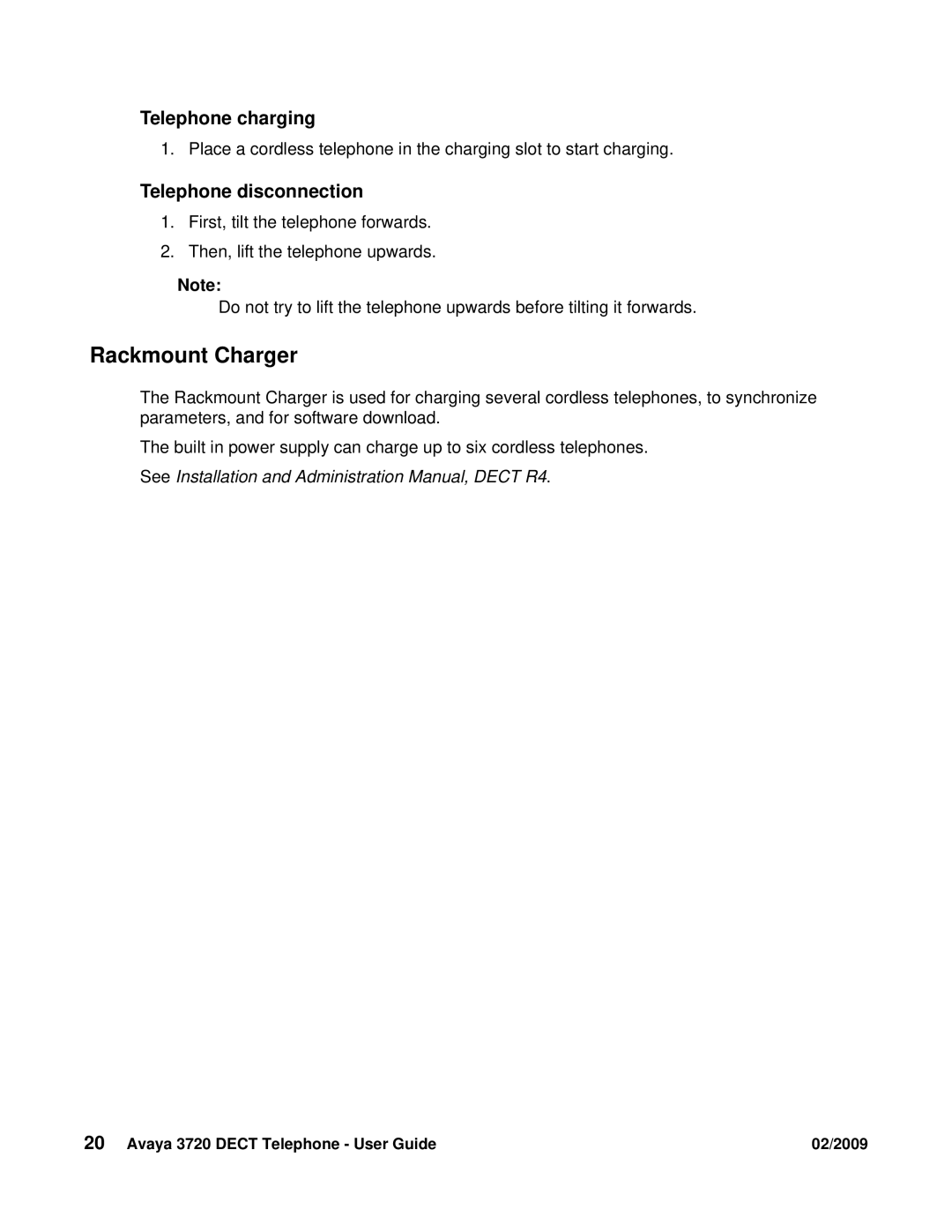 Avaya 3720 manual Rackmount Charger, Telephone charging, Telephone disconnection 