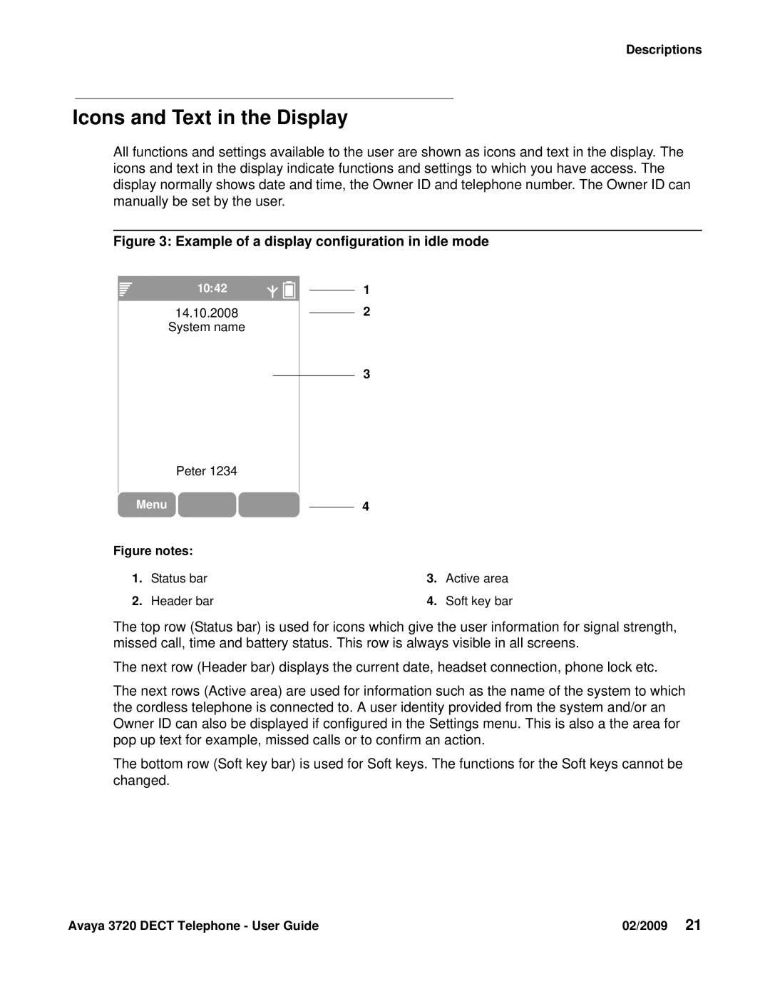 Avaya 3720 manual Icons and Text in the Display, Example of a display configuration in idle mode 