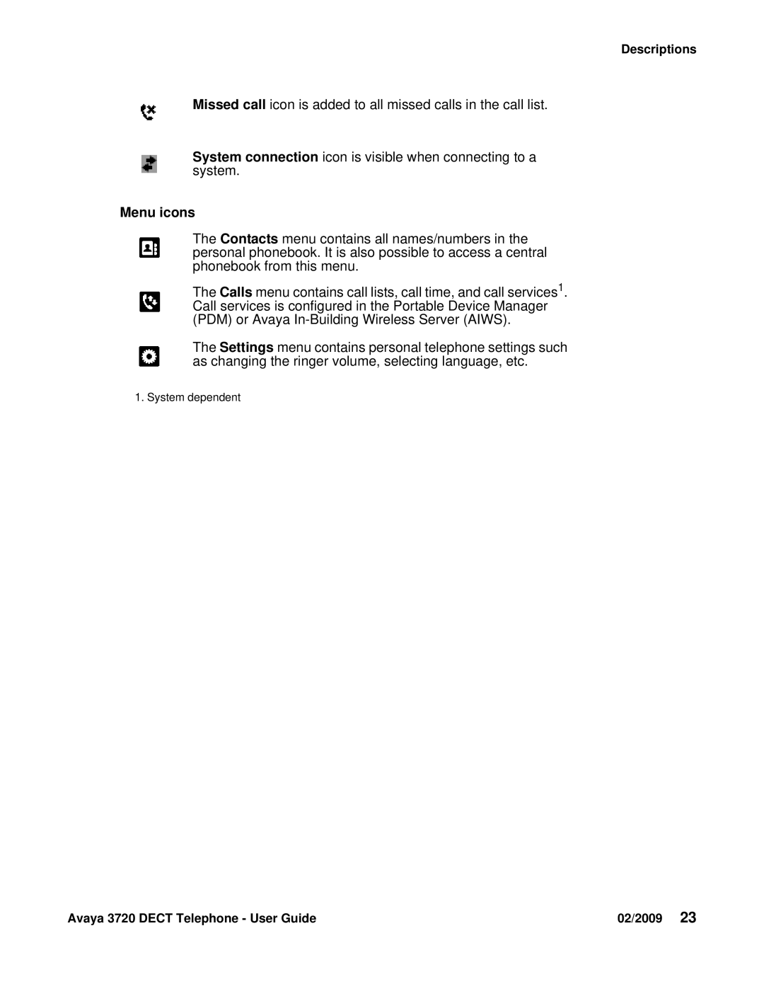 Avaya 3720 manual Menu icons 