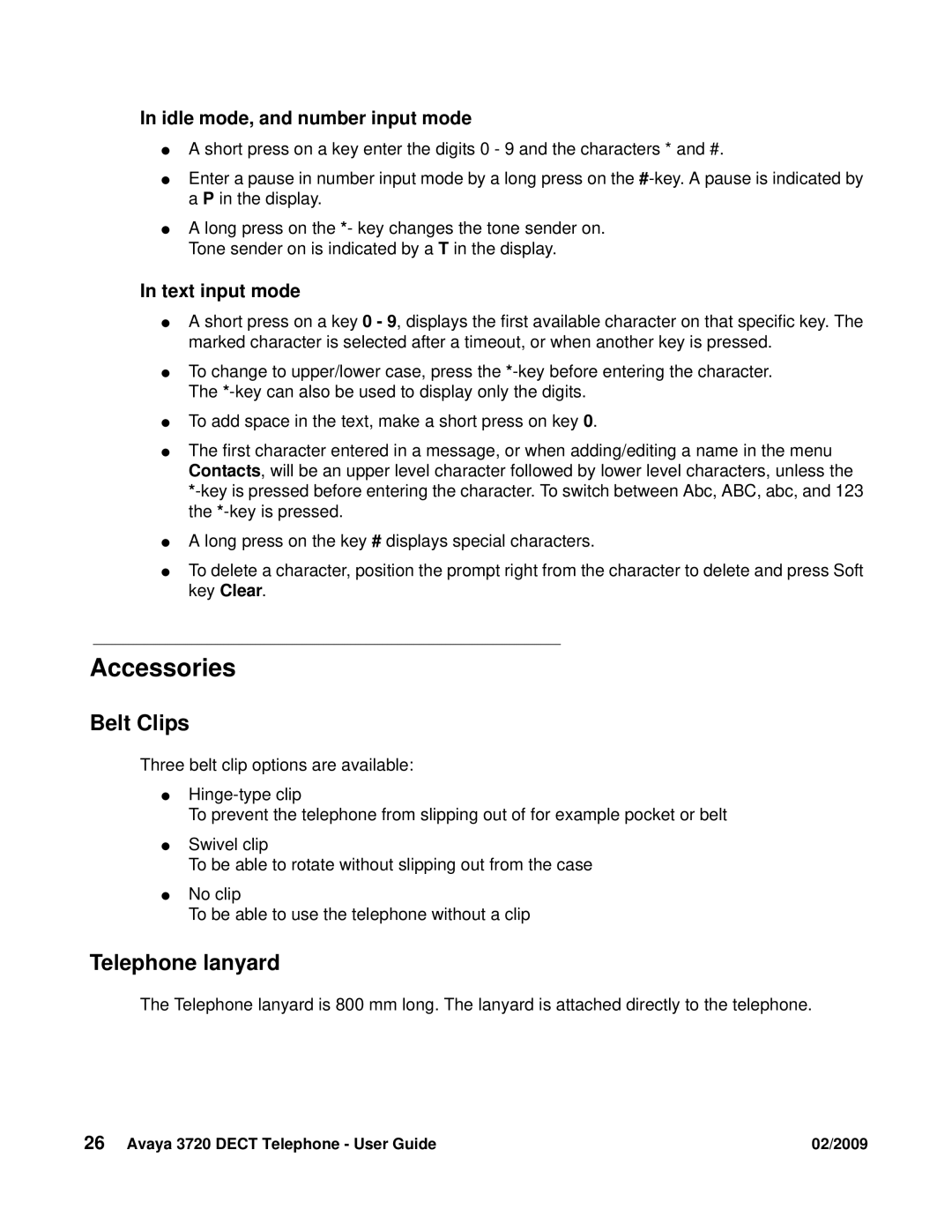 Avaya 3720 manual Accessories, Belt Clips, Telephone lanyard, Idle mode, and number input mode, Text input mode 