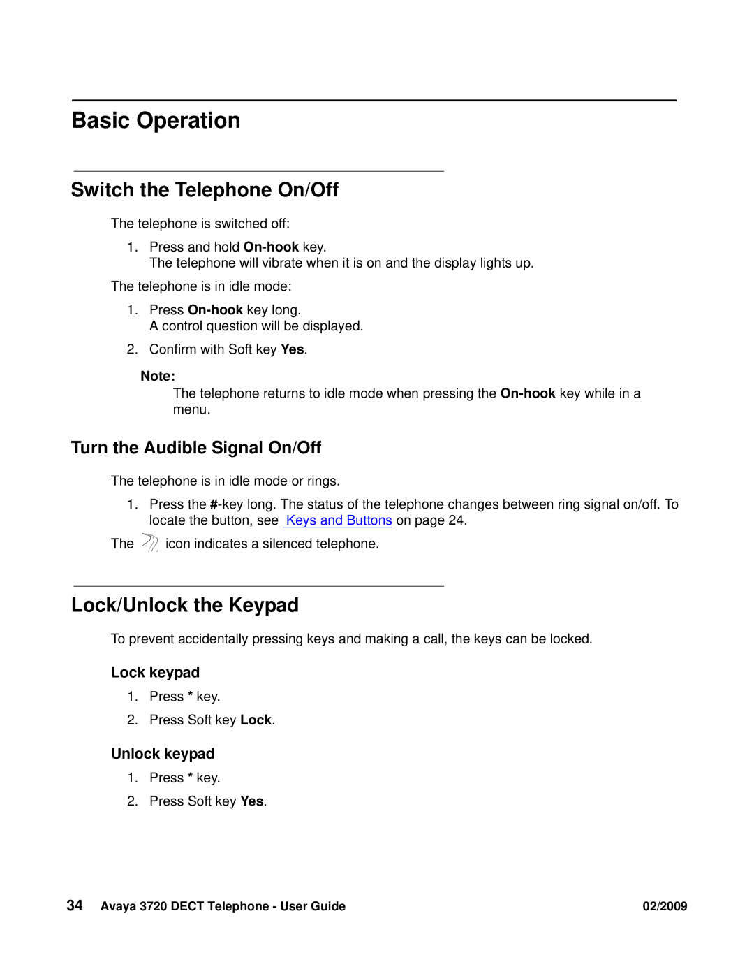 Avaya 3720 manual Basic Operation, Switch the Telephone On/Off, Lock/Unlock the Keypad, Turn the Audible Signal On/Off 