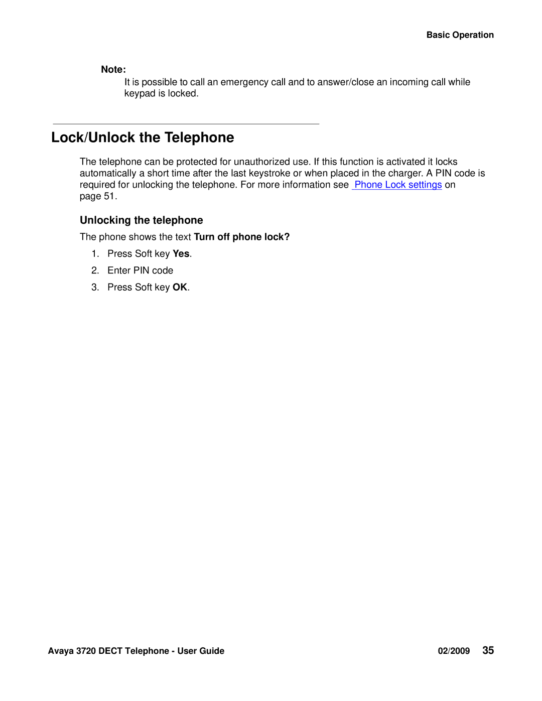 Avaya 3720 manual Lock/Unlock the Telephone, Unlocking the telephone 