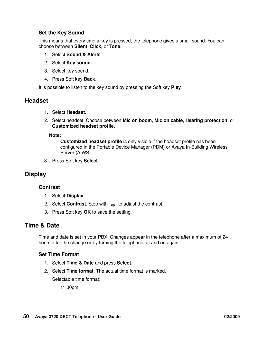 Avaya 3720 manual Display, Time & Date, Set the Key Sound, Contrast, Set Time Format 