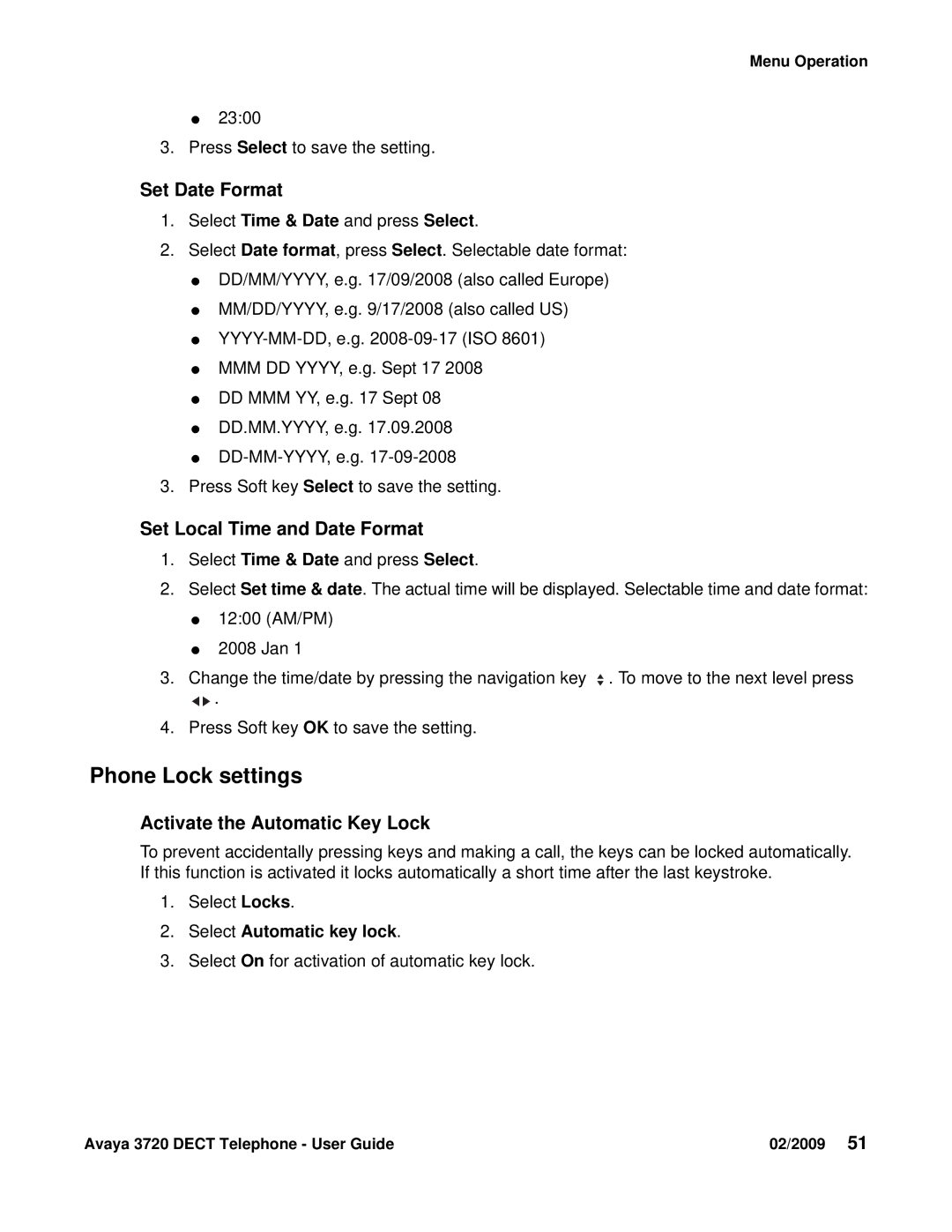 Avaya 3720 manual Phone Lock settings, Set Date Format, Set Local Time and Date Format, Activate the Automatic Key Lock 