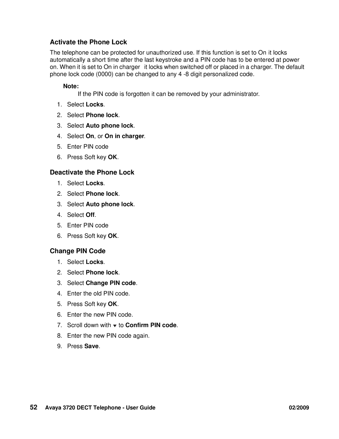 Avaya 3720 Activate the Phone Lock, Deactivate the Phone Lock, Change PIN Code, Select Phone lock Select Auto phone lock 