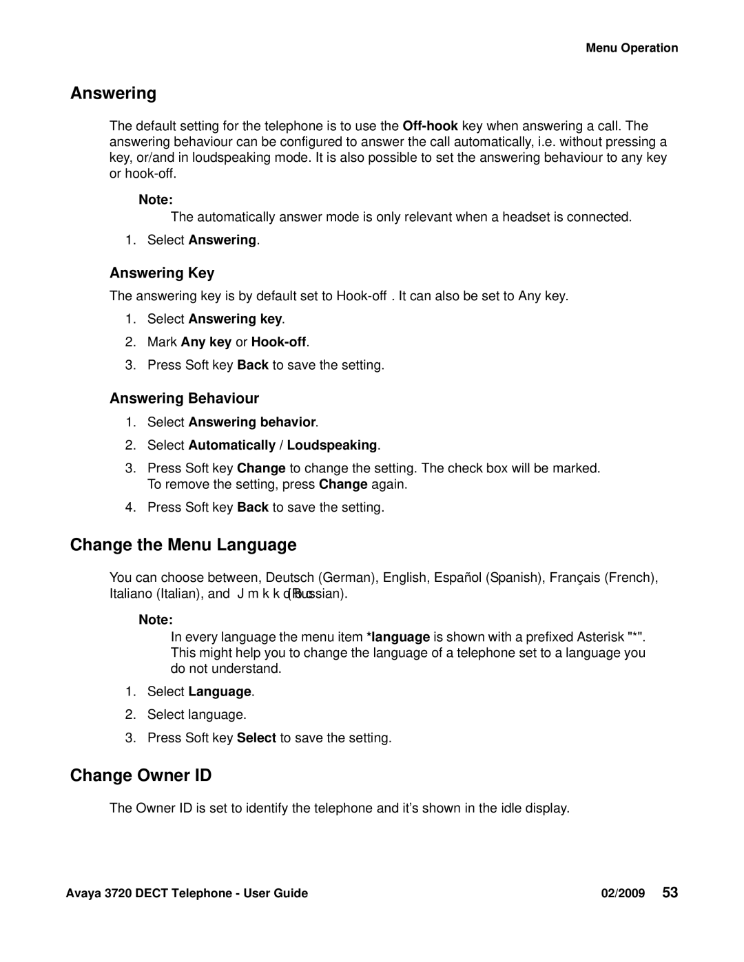 Avaya 3720 manual Change the Menu Language, Change Owner ID, Answering Key, Answering Behaviour 