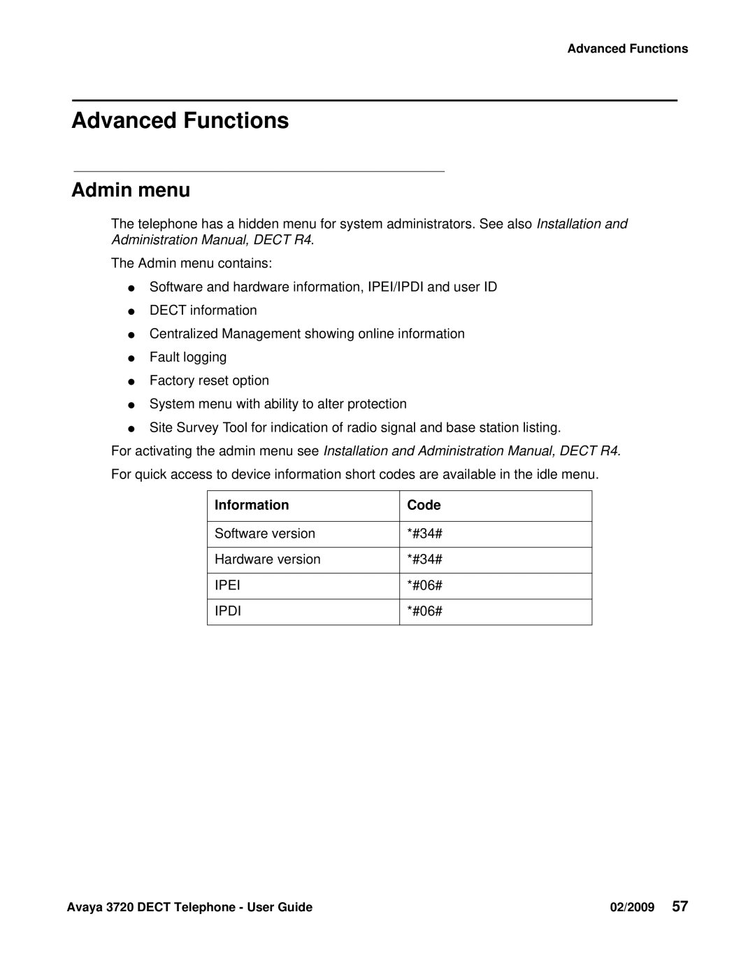 Avaya 3720 manual Advanced Functions, Admin menu, Information Code 