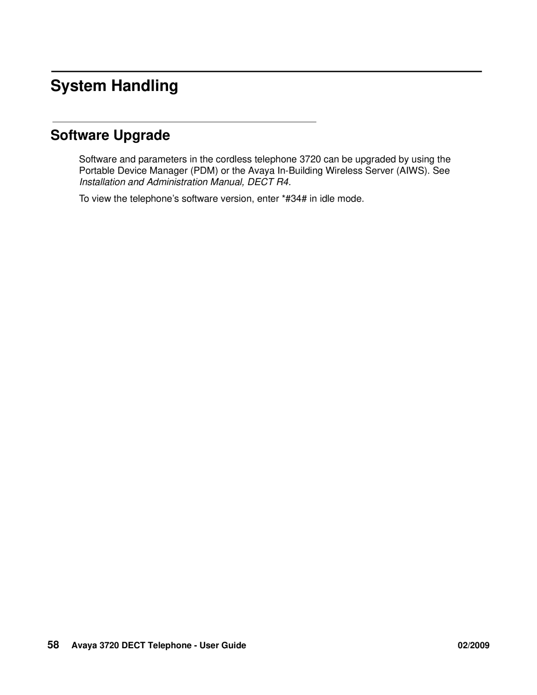 Avaya 3720 manual System Handling, Software Upgrade 