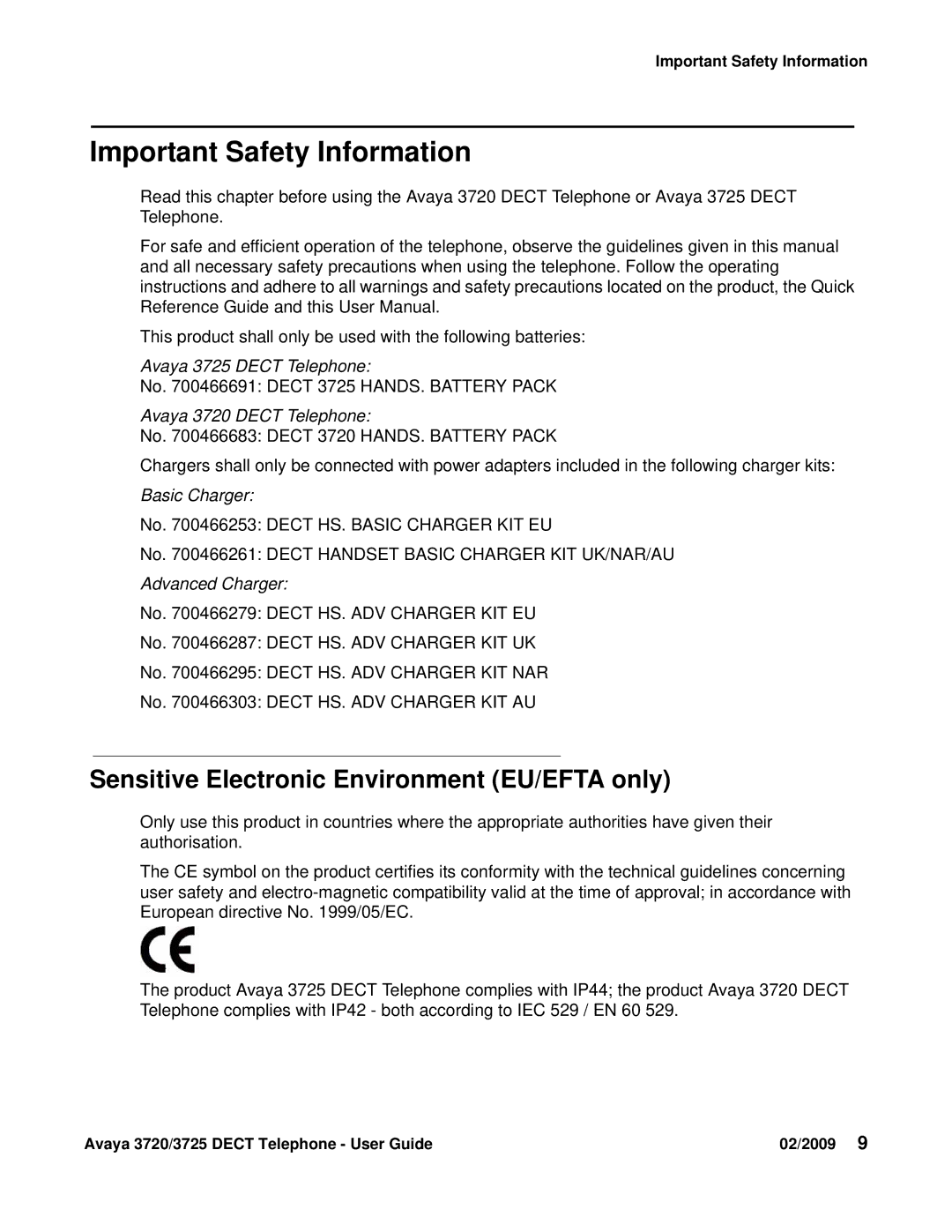 Avaya 3720 manual Important Safety Information, Sensitive Electronic Environment EU/EFTA only 