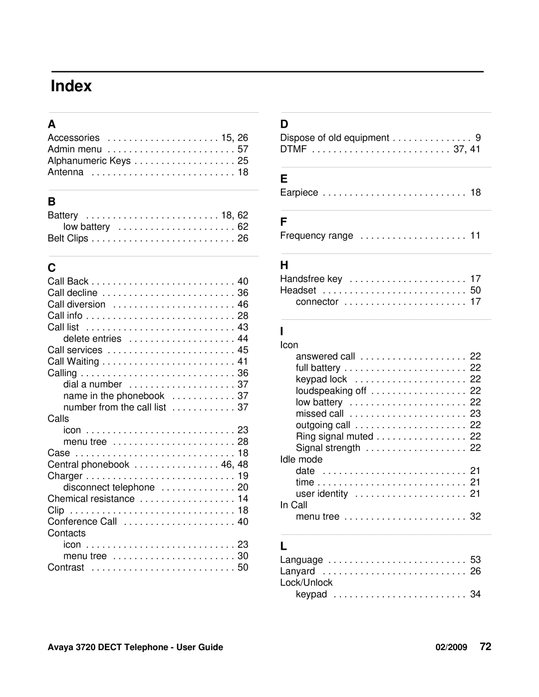 Avaya 3720 manual Index 