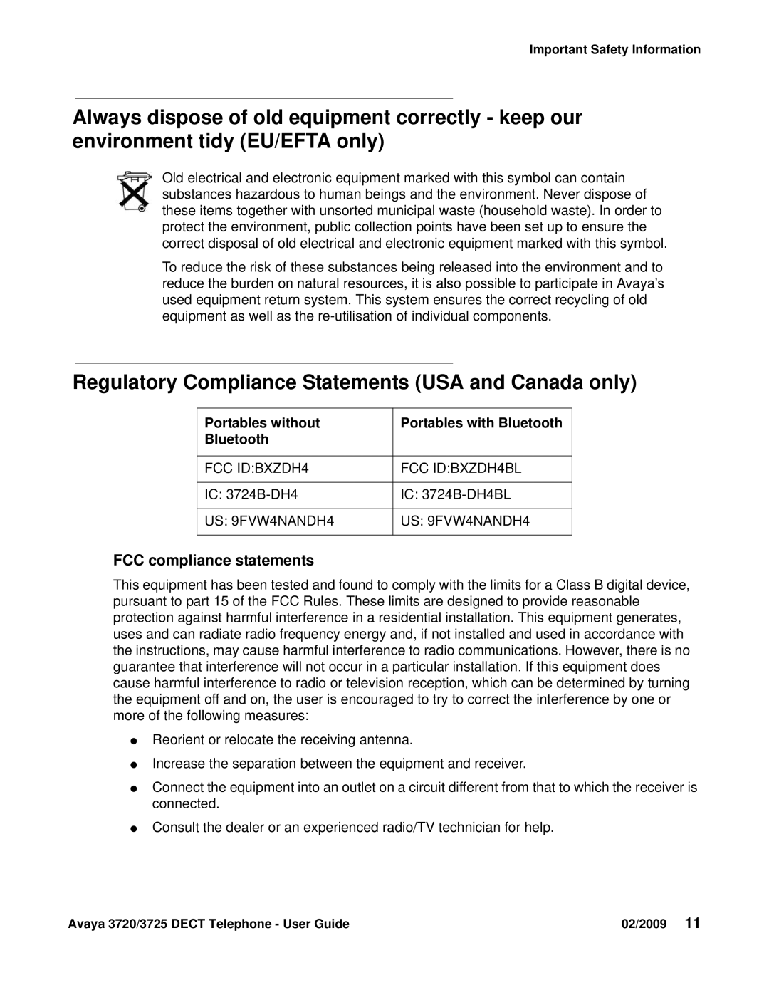 Avaya 3720 manual Regulatory Compliance Statements USA and Canada only, FCC compliance statements 