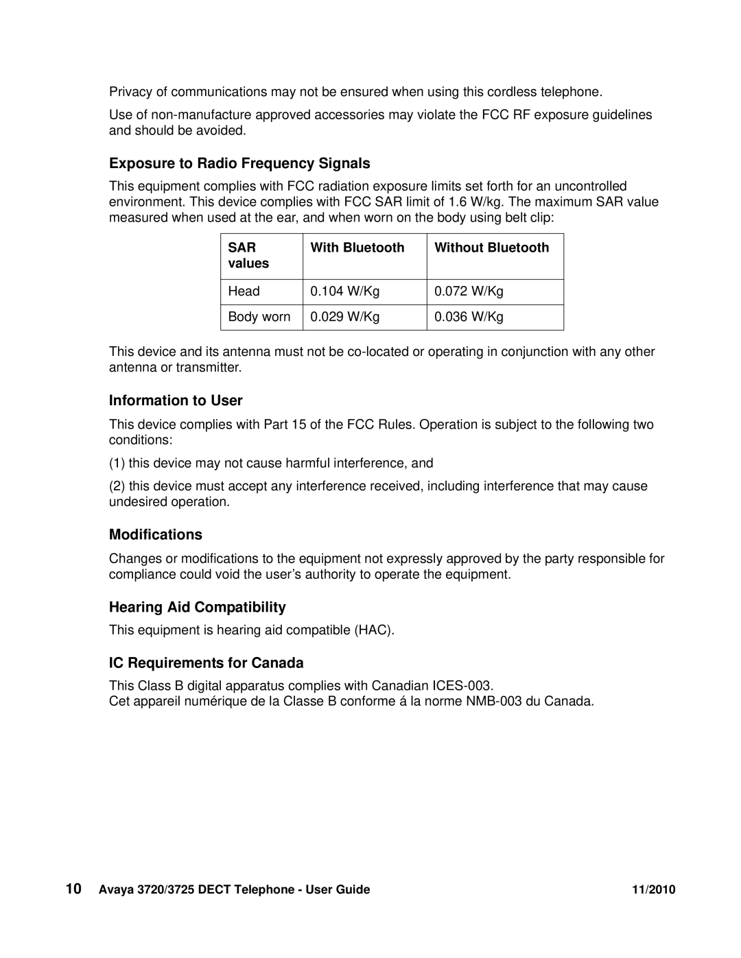 Avaya 3720 manual Exposure to Radio Frequency Signals, Information to User, Modifications, Hearing Aid Compatibility 