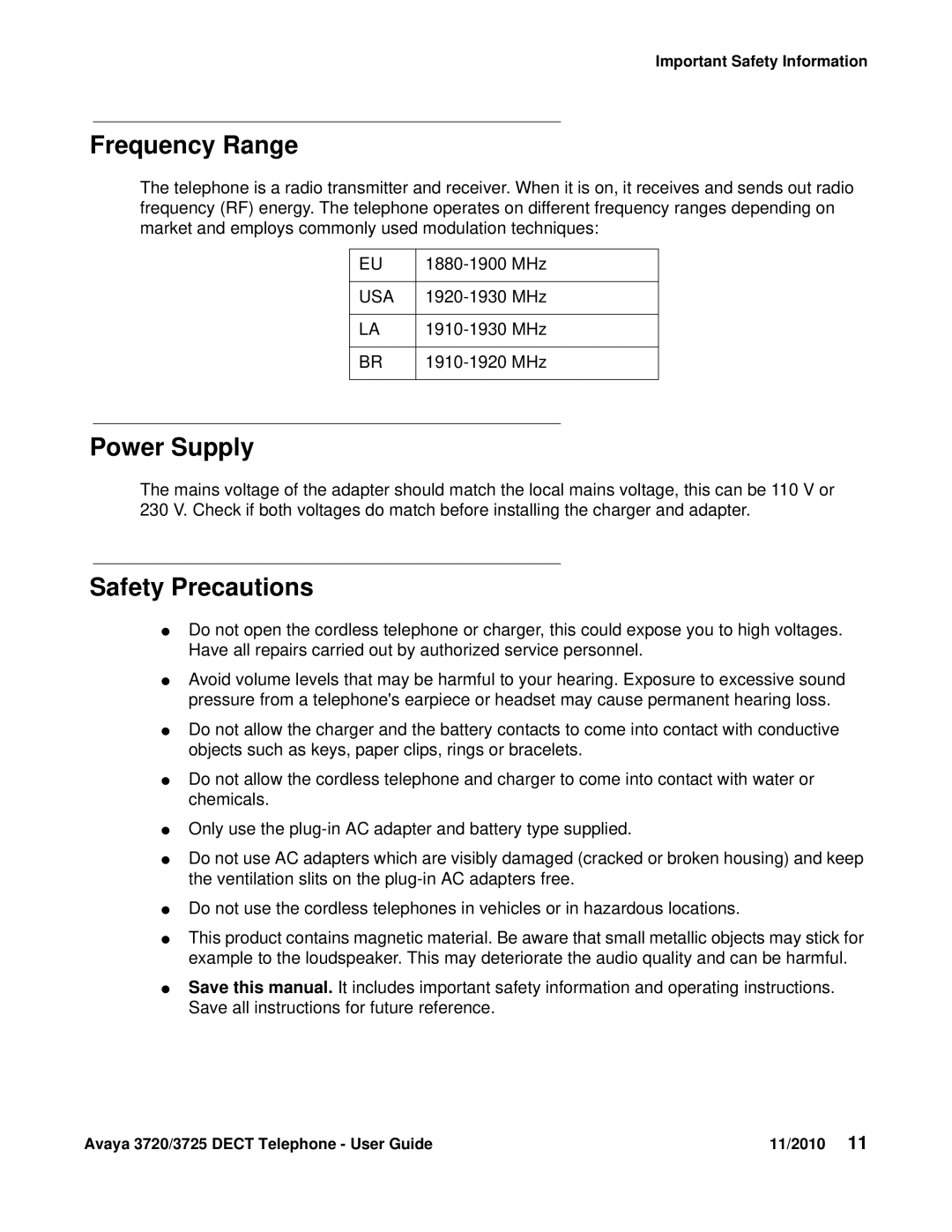 Avaya 3720 manual Frequency Range, Power Supply, Safety Precautions 