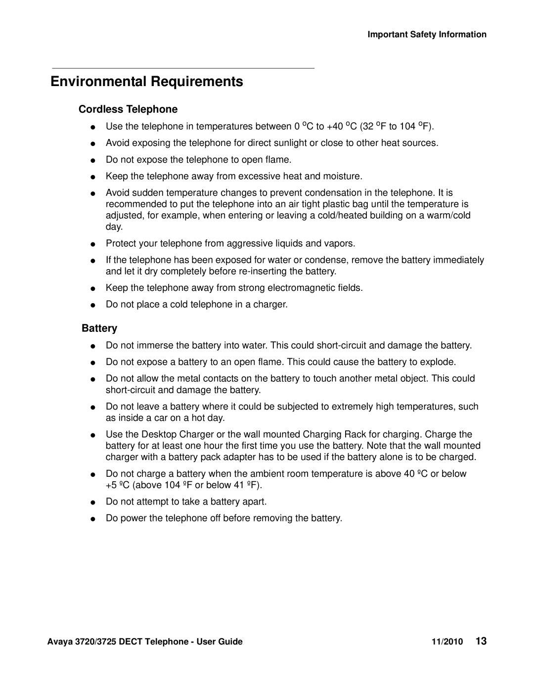 Avaya 3720 manual Environmental Requirements, Cordless Telephone, Battery 