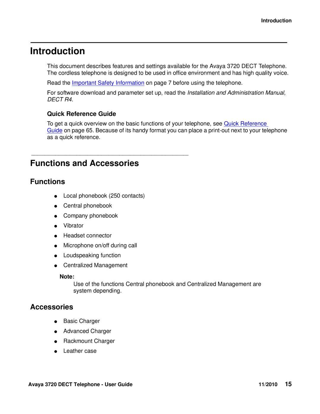 Avaya 3720 manual Introduction, Functions and Accessories, Quick Reference Guide 