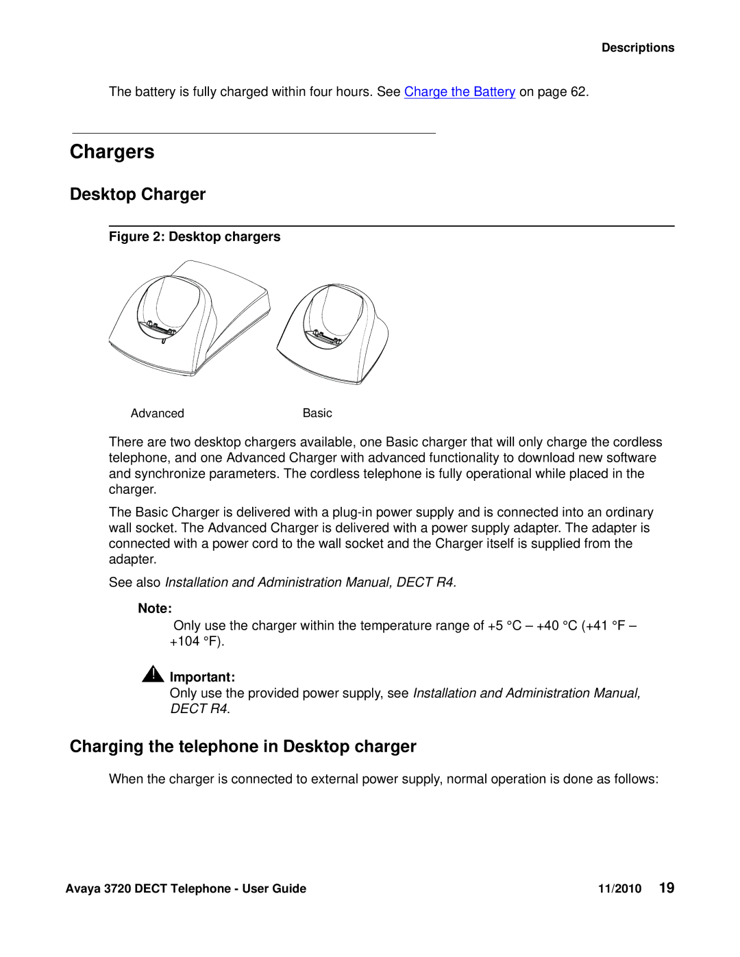 Avaya 3720 manual Chargers, Desktop Charger, Charging the telephone in Desktop charger 