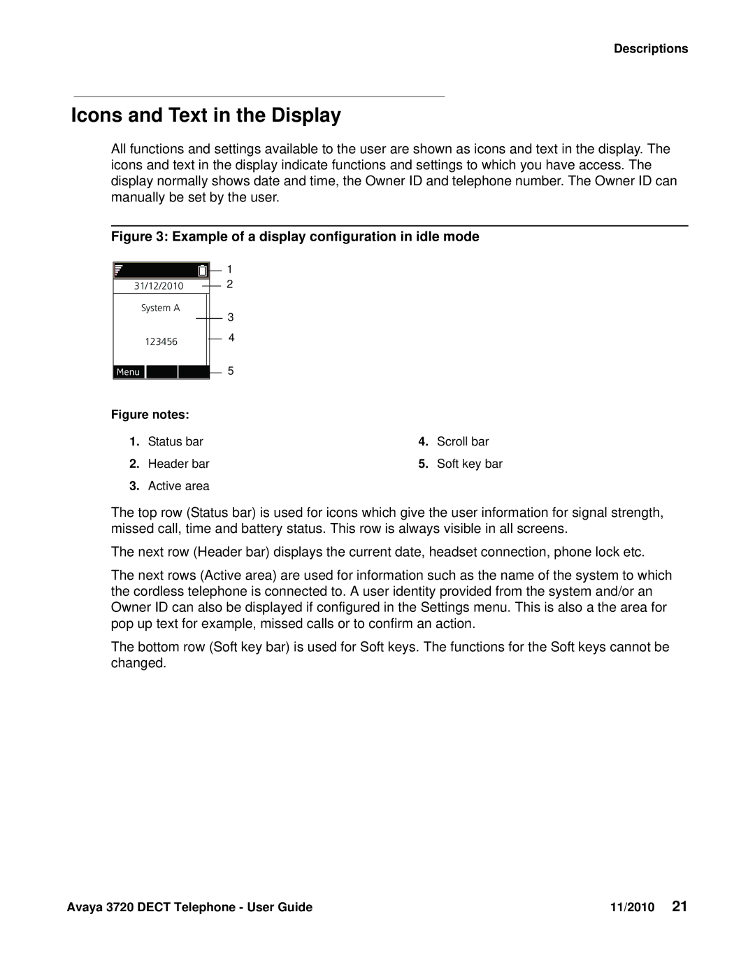 Avaya 3720 manual Icons and Text in the Display, Example of a display configuration in idle mode 