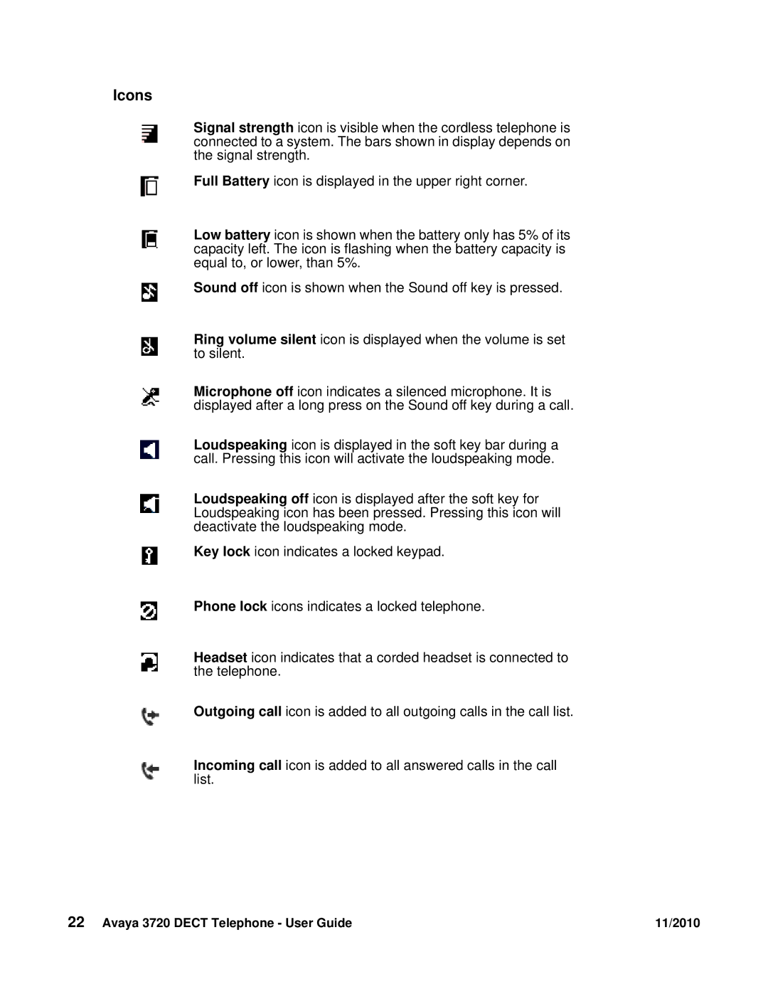 Avaya 3720 manual Icons 