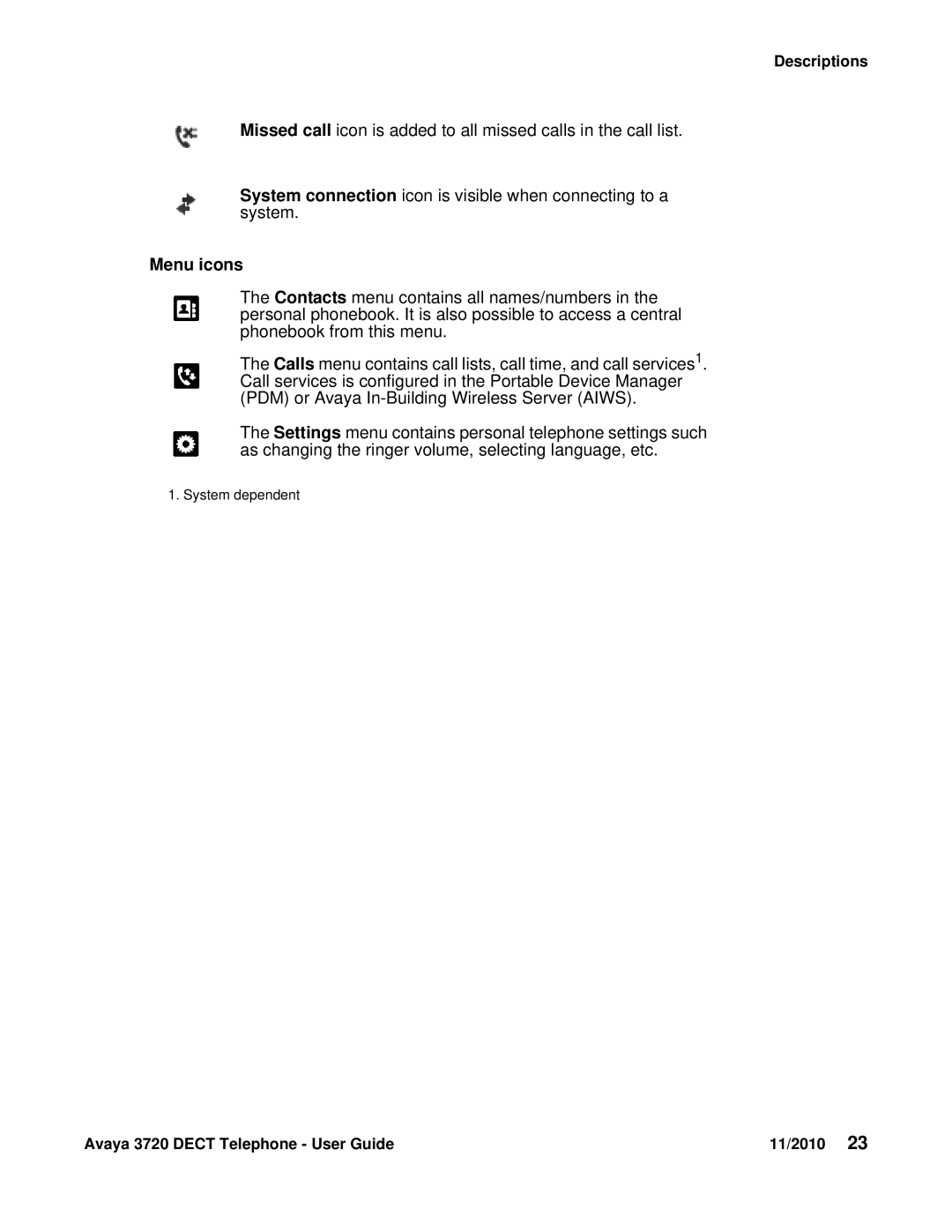 Avaya 3720 manual Menu icons 