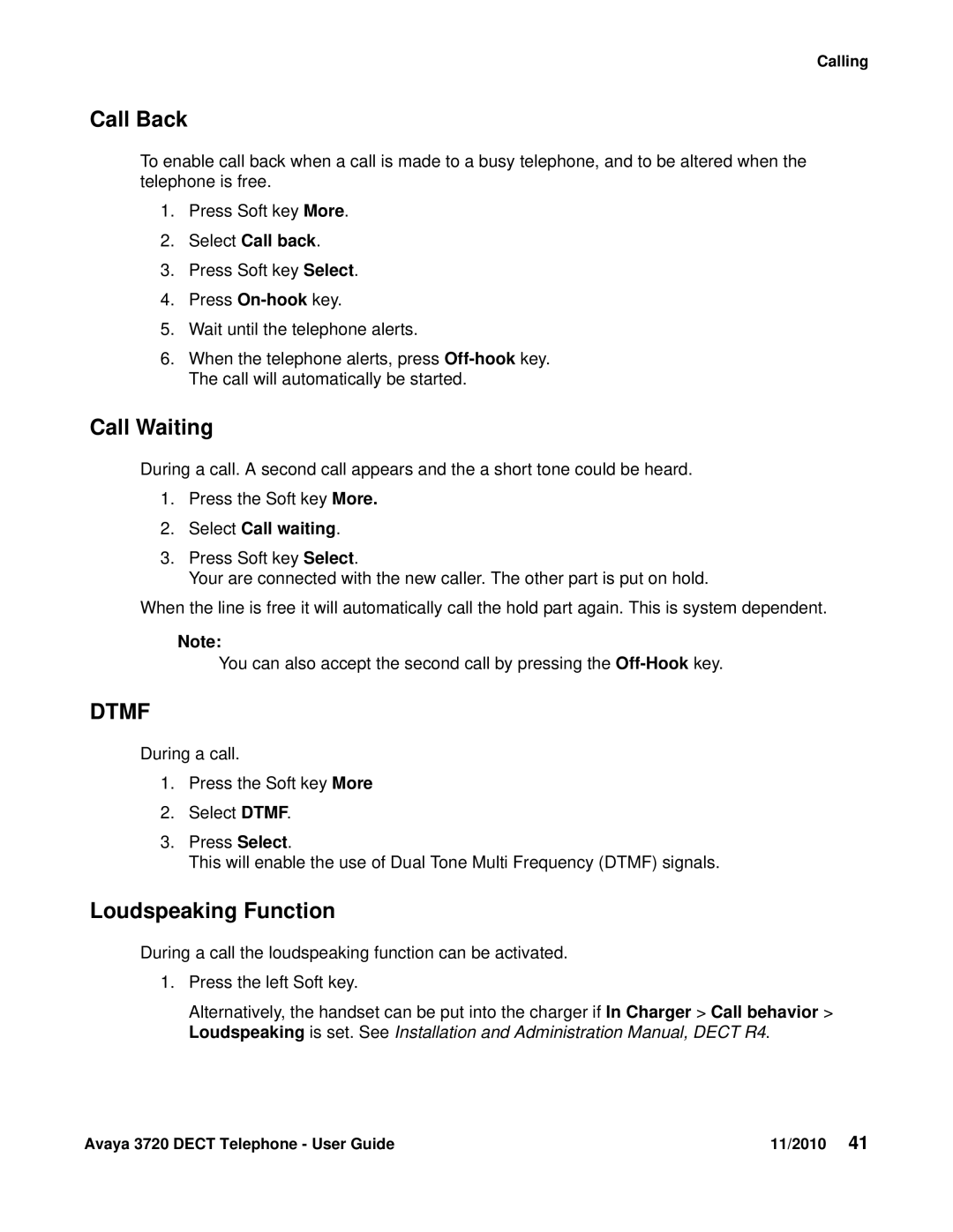 Avaya 3720 manual Call Back, Call Waiting, Loudspeaking Function, Select Call back, Select Call waiting 