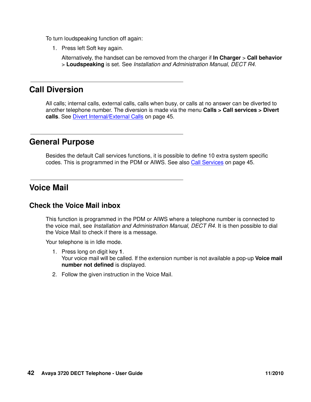 Avaya 3720 manual Call Diversion, General Purpose, Check the Voice Mail inbox 