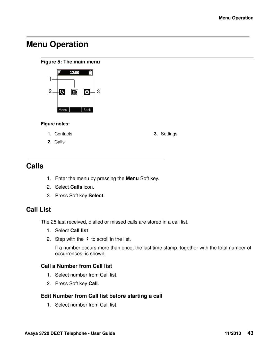 Avaya 3720 Menu Operation, Call List, Call a Number from Call list, Edit Number from Call list before starting a call 