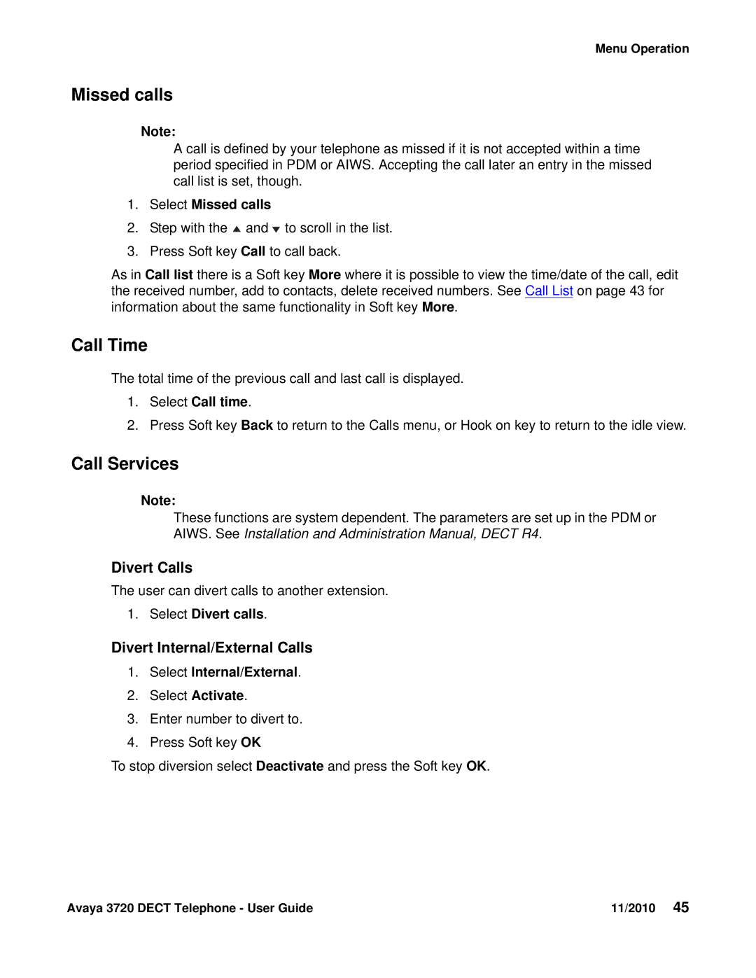 Avaya 3720 manual Missed calls, Call Time, Call Services, Divert Calls, Divert Internal/External Calls 