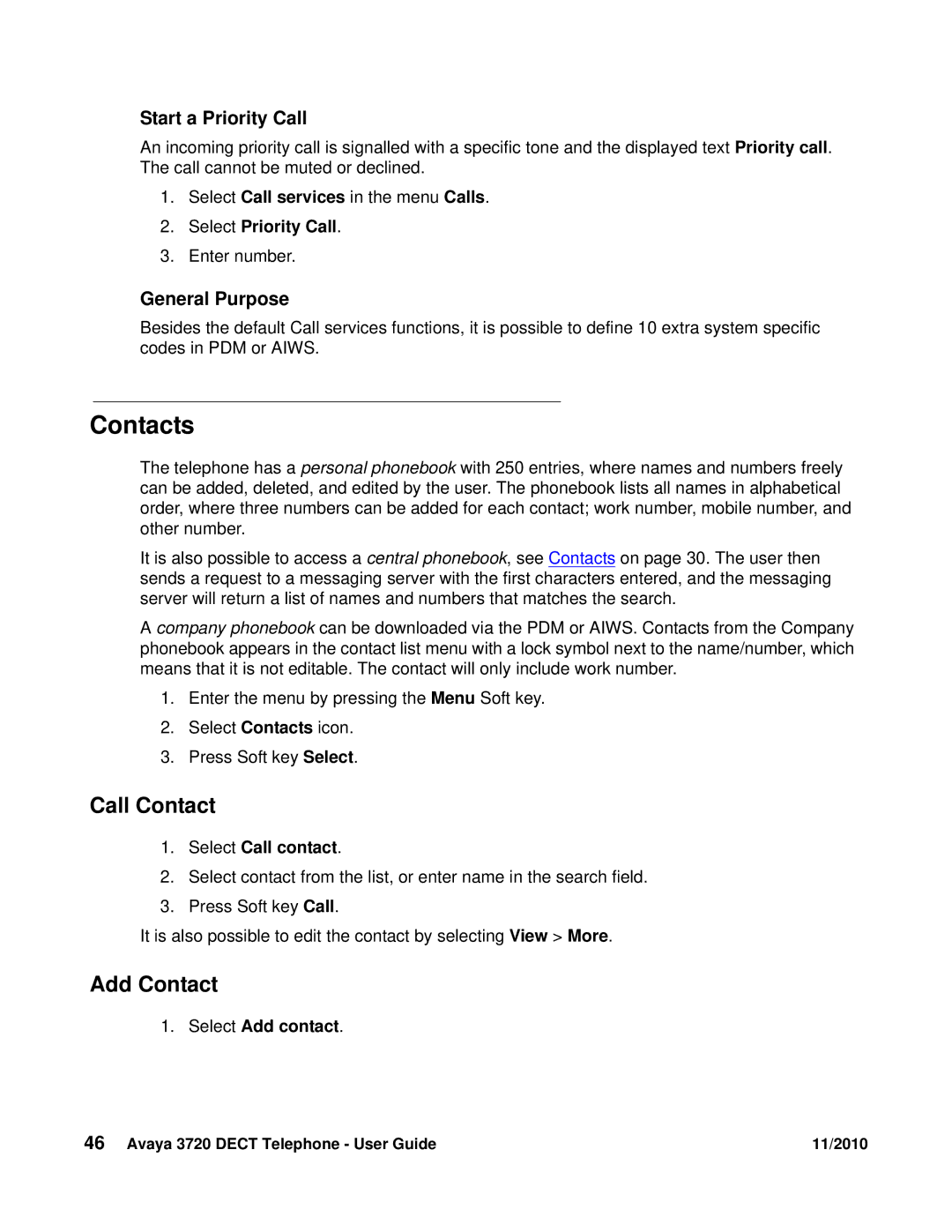 Avaya 3720 manual Call Contact, Add Contact, Start a Priority Call, General Purpose 