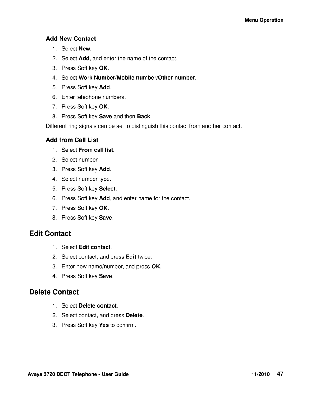 Avaya 3720 manual Edit Contact, Delete Contact, Add New Contact, Add from Call List 