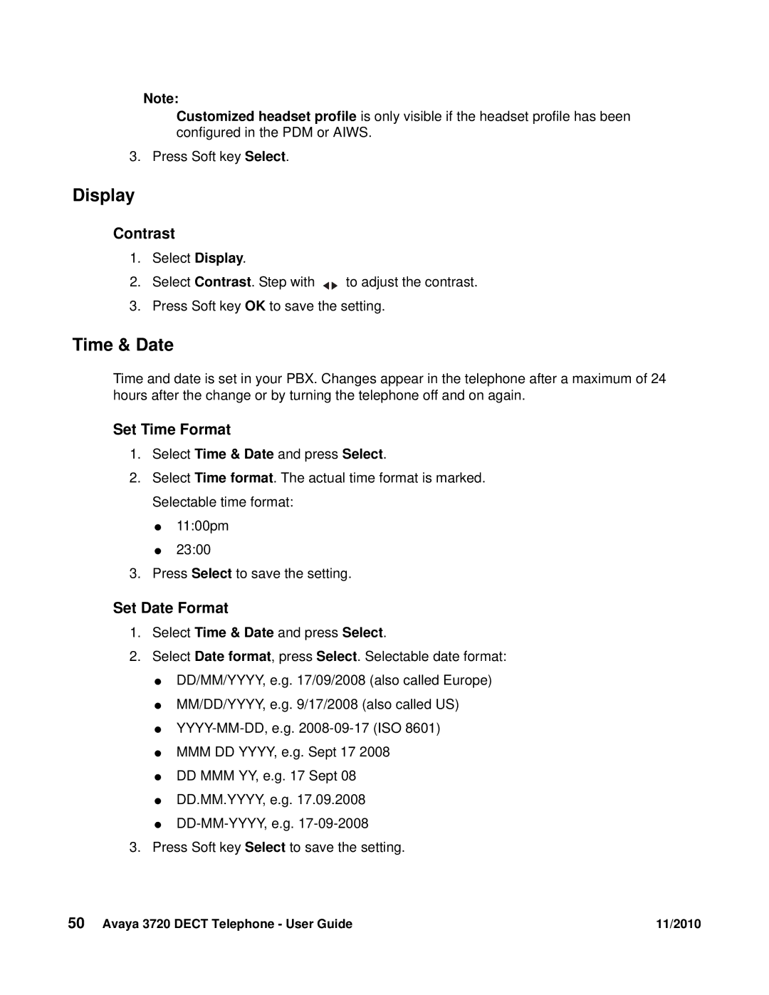 Avaya 3720 manual Display, Time & Date, Contrast, Set Time Format, Set Date Format 