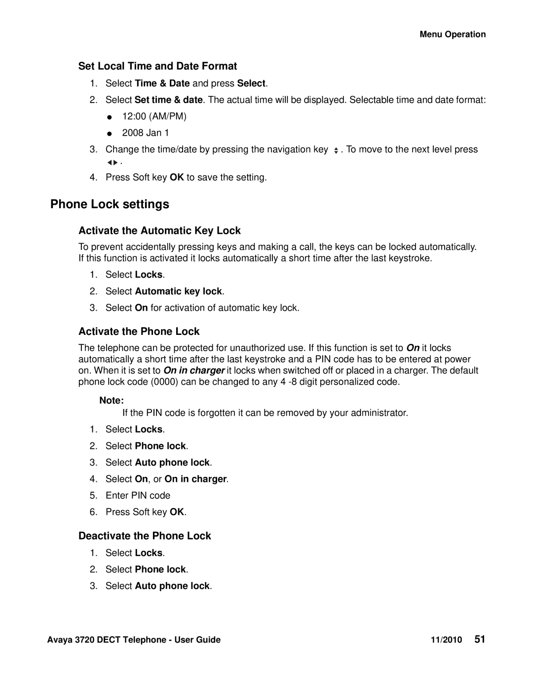 Avaya 3720 Phone Lock settings, Set Local Time and Date Format, Activate the Automatic Key Lock, Activate the Phone Lock 