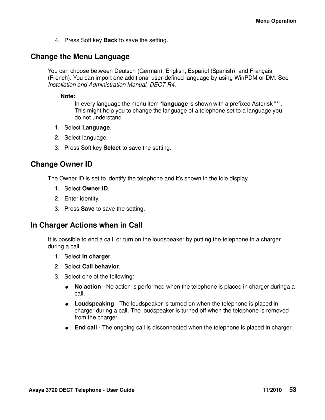 Avaya 3720 Change the Menu Language, Change Owner ID, Charger Actions when in Call, Select In charger Select Call behavior 