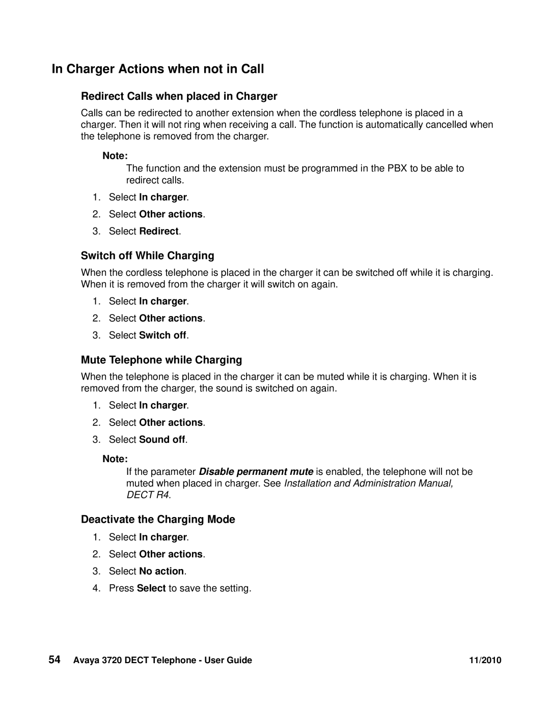 Avaya 3720 manual Charger Actions when not in Call, Redirect Calls when placed in Charger, Switch off While Charging 