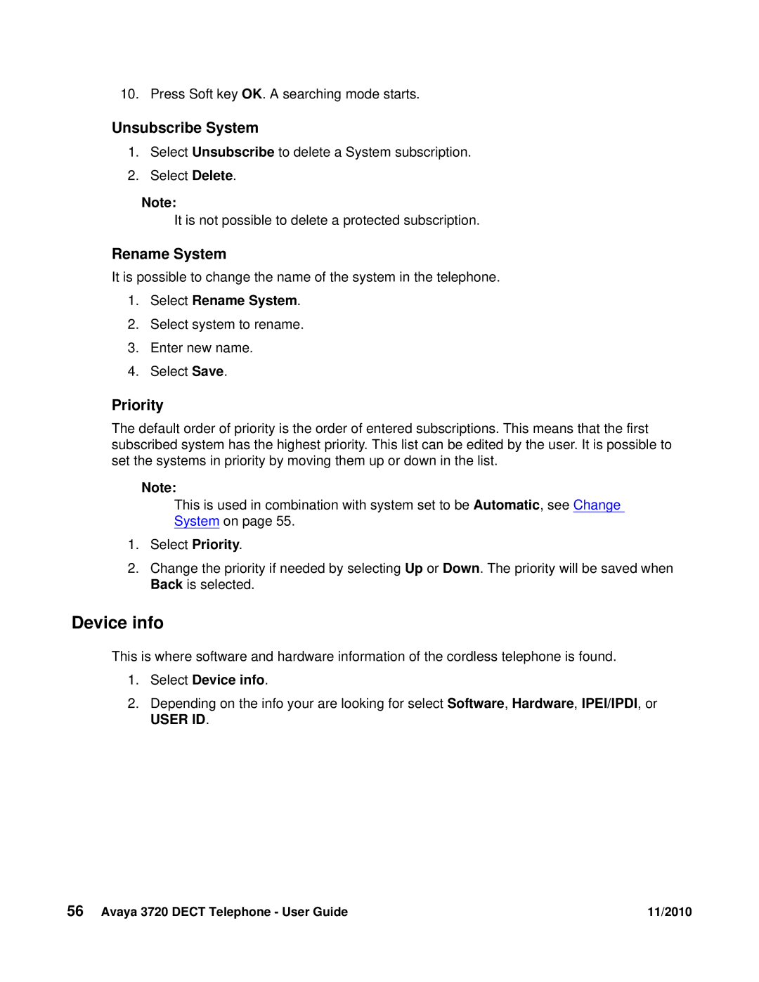 Avaya 3720 manual Device info, Unsubscribe System, Rename System, Priority 