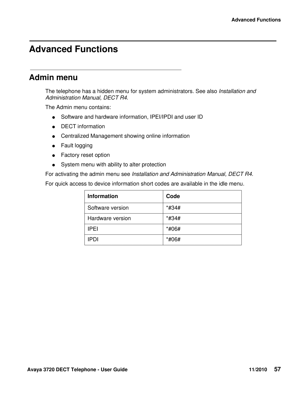 Avaya 3720 manual Advanced Functions, Admin menu, Information Code 