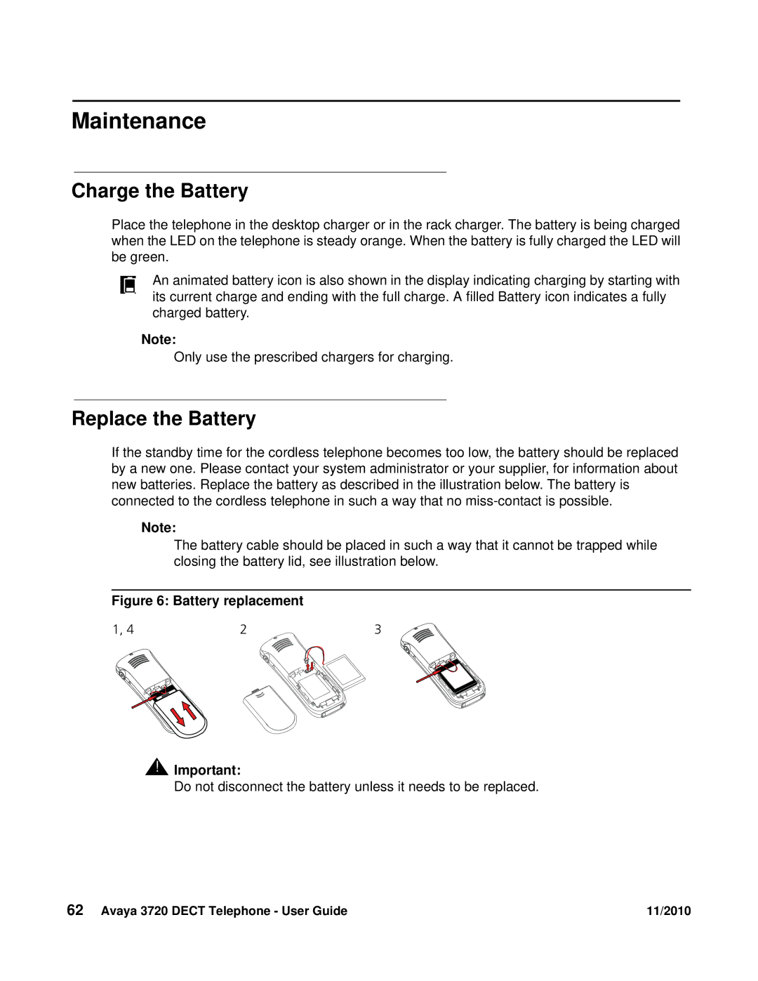 Avaya 3720 manual Maintenance, Charge the Battery, Replace the Battery 