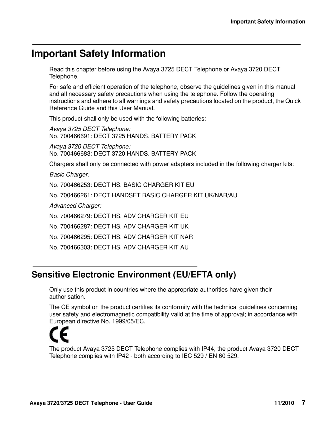 Avaya 3720 manual Important Safety Information, Sensitive Electronic Environment EU/EFTA only 