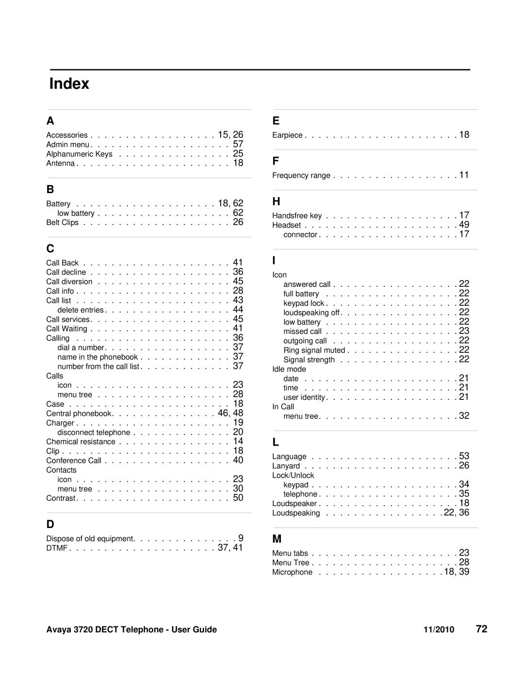 Avaya 3720 manual Index 