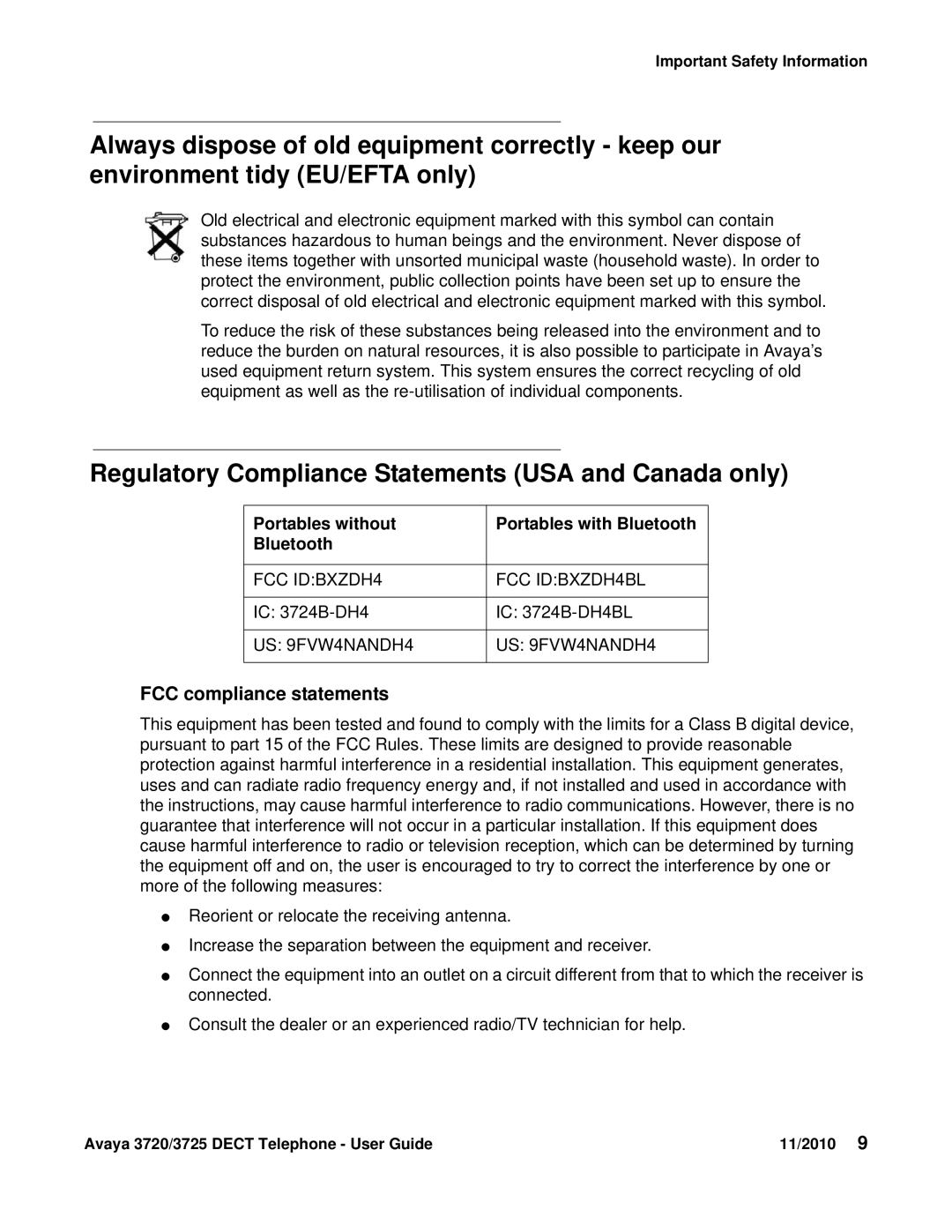 Avaya 3720 manual Regulatory Compliance Statements USA and Canada only, FCC compliance statements 