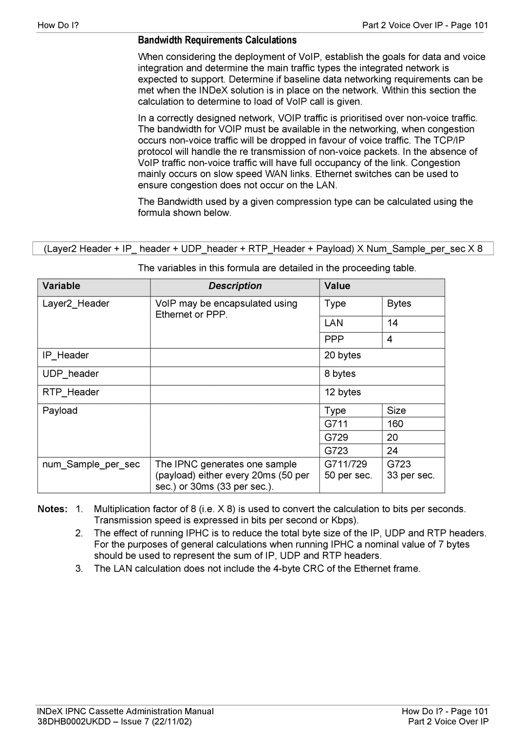 Avaya 38DHB0002UKDD manual Bandwidth Requirements Calculations, Variable 