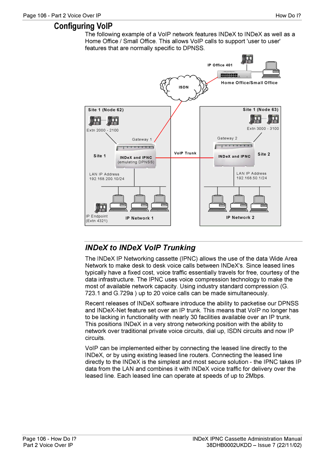 Avaya 38DHB0002UKDD manual Configuring VoIP, INDeX to INDeX VoIP Trunking 