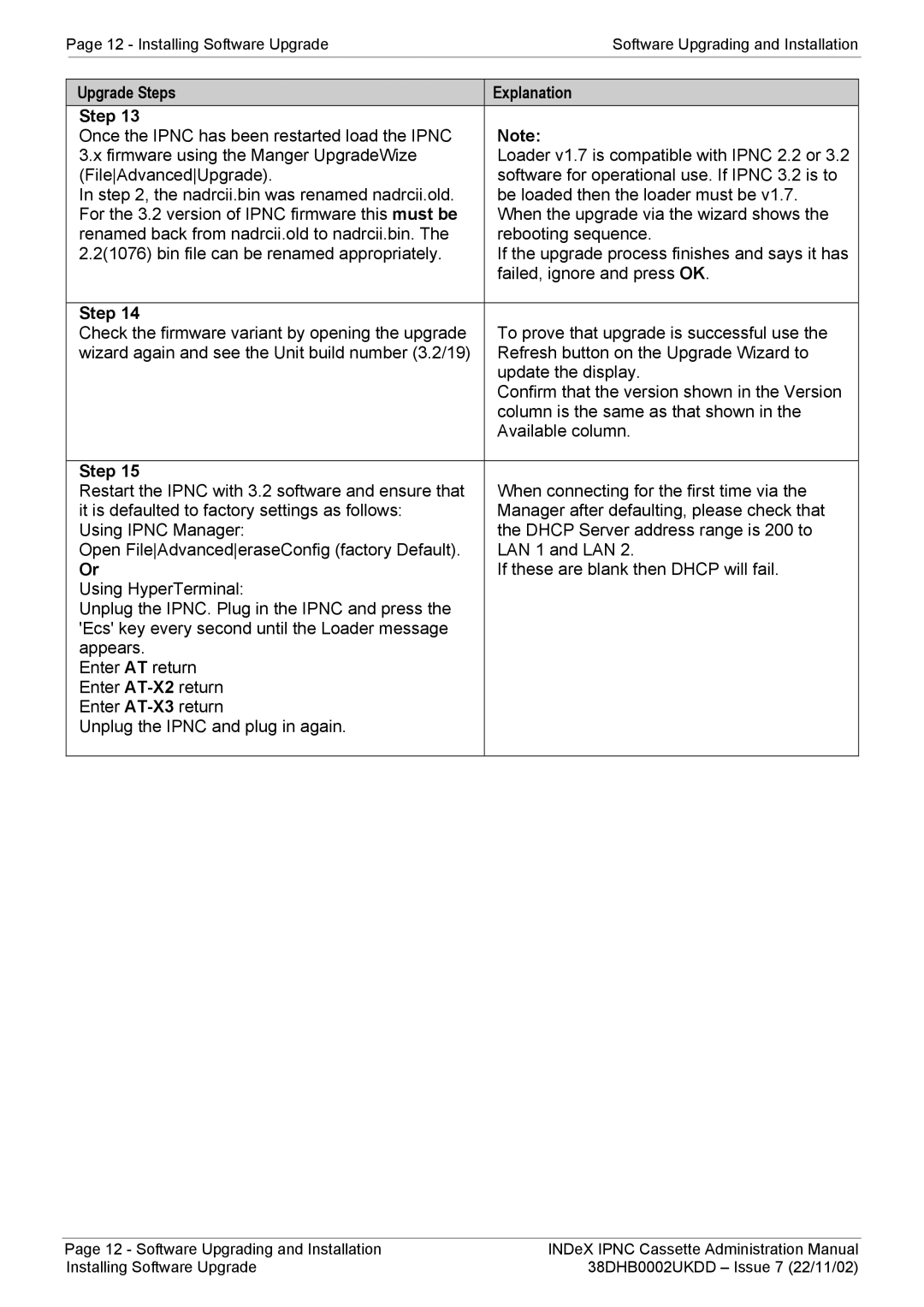 Avaya 38DHB0002UKDD manual Upgrade Steps Explanation 