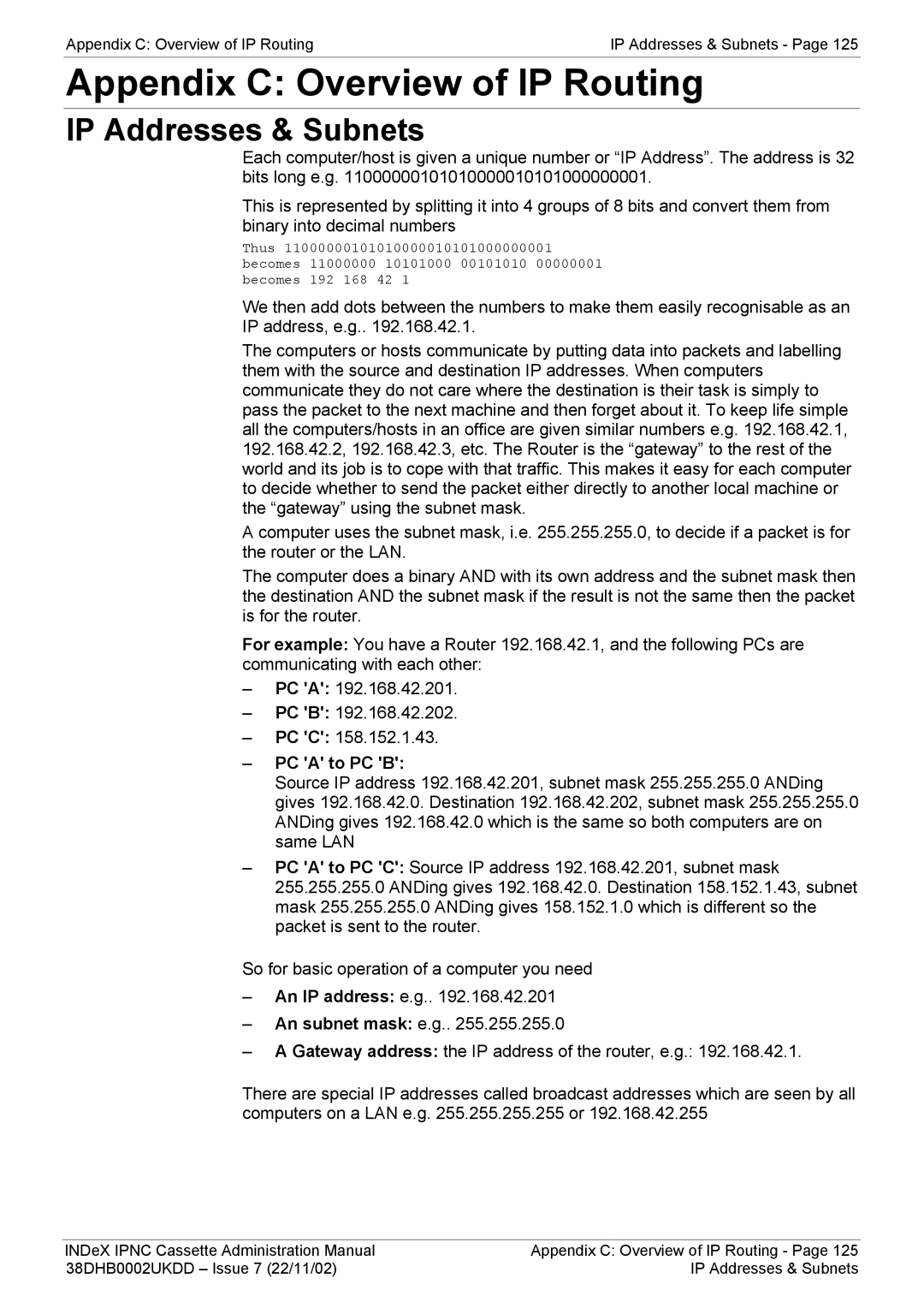 Avaya 38DHB0002UKDD manual Appendix C Overview of IP Routing, IP Addresses & Subnets, PC a to PC B 